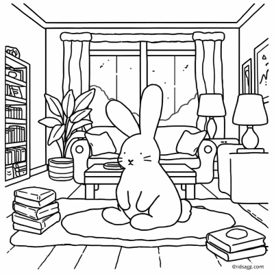 A Bunny Sitting On A Rug In A Cozy Living Room... Coloring Page