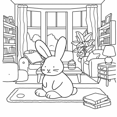 A Bunny Sitting On A Rug In A Cozy Living Room... Coloring Page