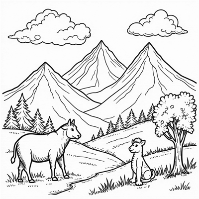 Mountains Clouds Animals Hourglass Tree Coloring Page