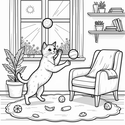 A Cat Playing With A Ball. Coloring Page