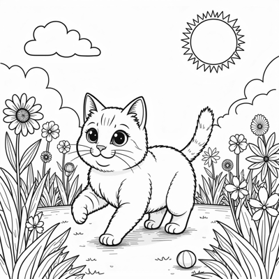 A Cat Playing With Ball Coloring Page