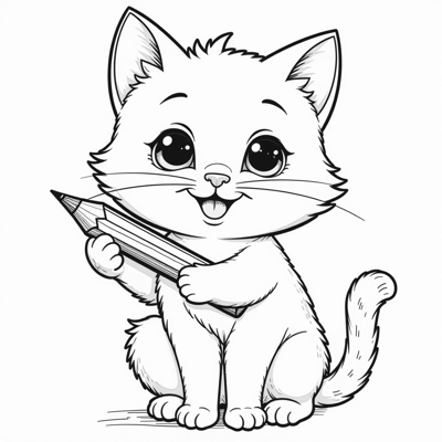 A Cat Is Holding A Pencil. Coloring Page