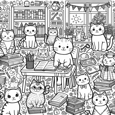 Studying Cats In The School Coloring Page