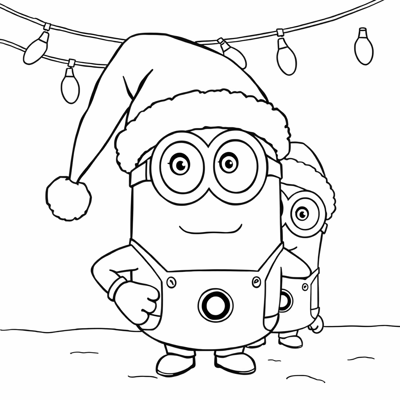 The Minions Wear Christmas Hats And Hang Up Lights Coloring Page