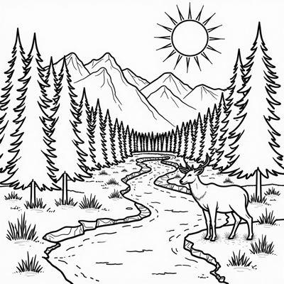 Create A Forest Picture With Sun Trees Water And... Coloring Page