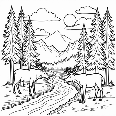 Create A Forest Picture With Sun Trees Water And... Coloring Page