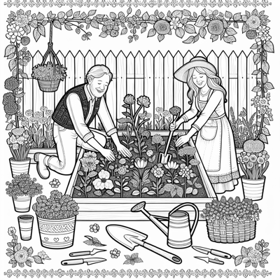 A Couple Planting Flowers In A Garden Bed... Coloring Page