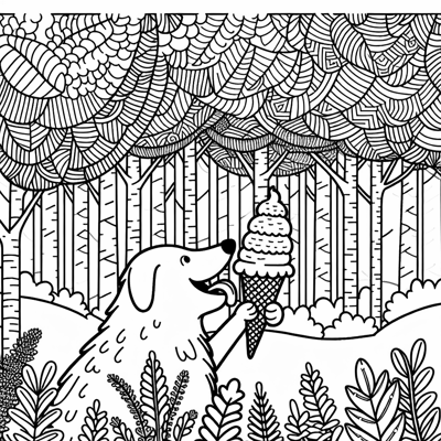 A Dog Eating An Ice Cream In A Forest Coloring Page