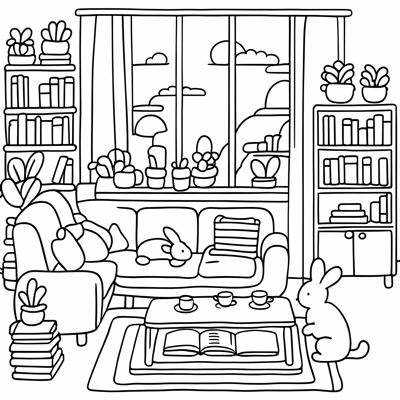 A Bunny Sitting On A Rug In A Cozy Living Room... Coloring Page