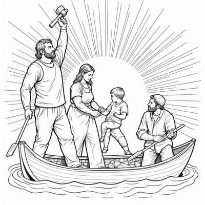 A Carpenter With A Raised Hammer A Mason Lifting... Coloring Page