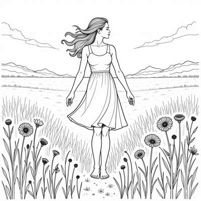 1920 Era A Woman Stands Barefoot In An Open Field... Coloring Page
