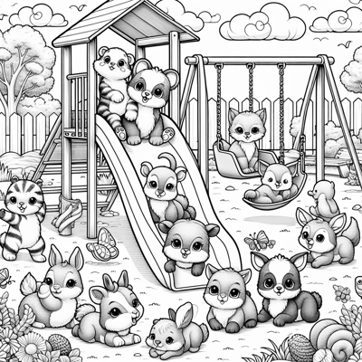 Baby Animals Playing At A Cute Playground Coloring Page