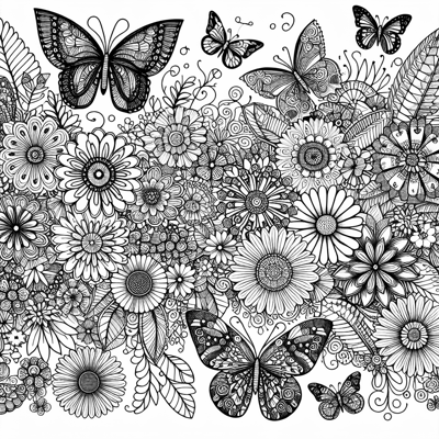 Flowers And Butterflies Adult Coloring Page