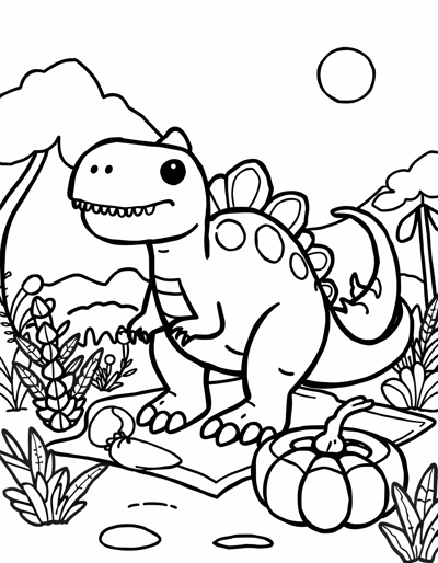 Dinosaur Family Having A Picnic With Volcanoes And... Coloring Page