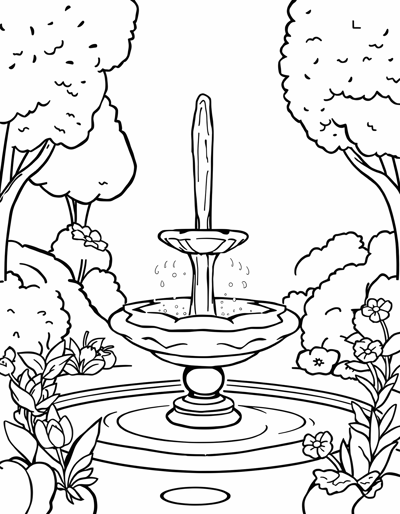 Princess Standing Beside A Glowing Fountain With A... Coloring Page