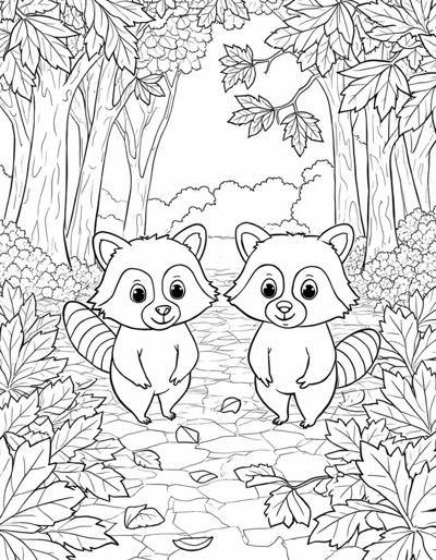 Two Raccoons Are Standing Next To Each Other On A... Coloring Page