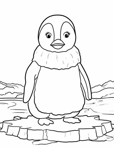 A Penguin Standing On Ice. Coloring Page