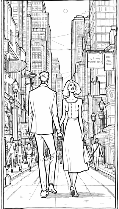 A Man And A Woman Are Walking Down A Street At... Coloring Page