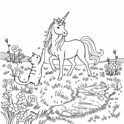 Cat Playing With Unicorn Coloring Page