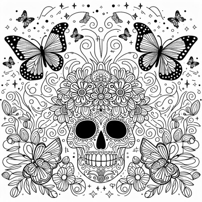 Mexican Day Of The Dead With Butterflies Around It... Coloring Page