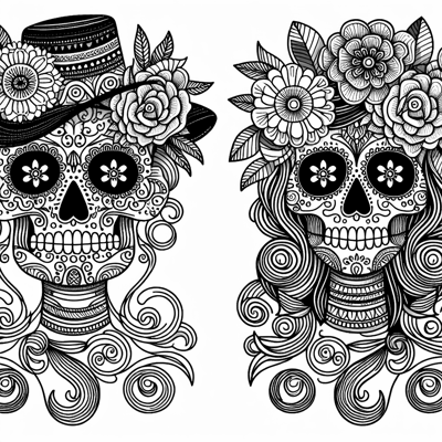 Two Beautiful Sugar Skulls That One Has A Hat And... Coloring Page