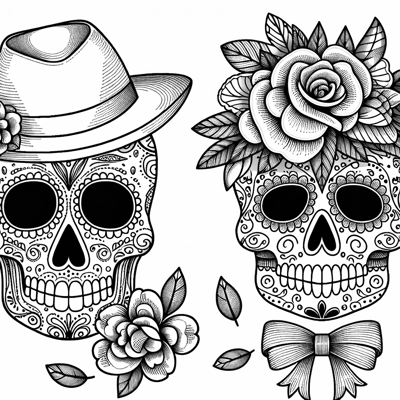 Two Beautiful Sugar Skulls That One Has A Hat And... Coloring Page
