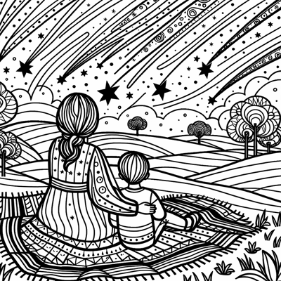 Mother And Son Watching Shooting Stars Coloring Page