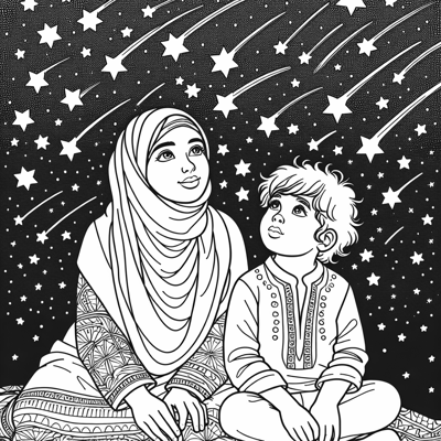 Mother And Son Watching Shooting Stars Coloring Page