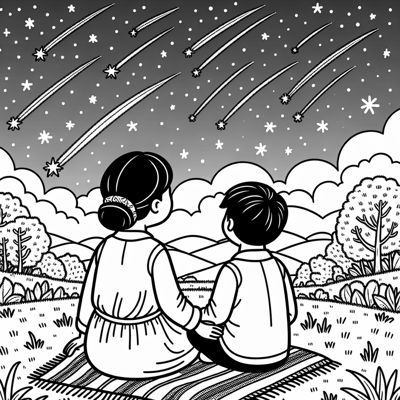 Mother And Son Watching Shooting Stars Coloring Page
