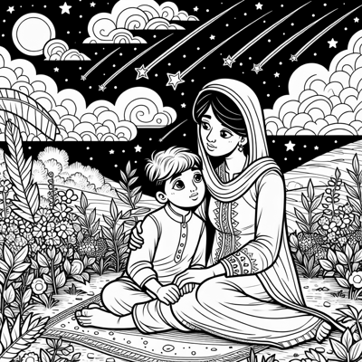 Mother And Son Watching Shooting Stars Coloring Page
