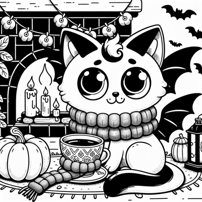 A Vampire Cat Wearing A Soft Woolen Scarf Sipping... Coloring Page