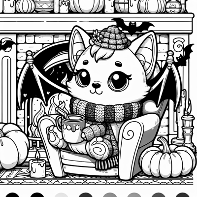 A Vampire Cat Wearing A Soft Woolen Scarf Sipping... Coloring Page