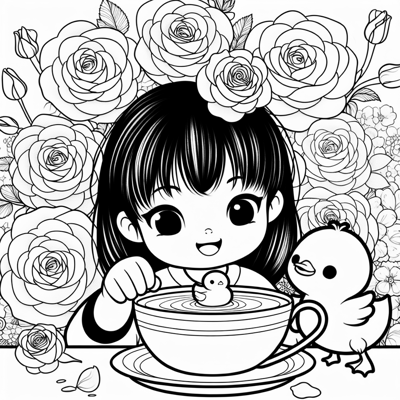 A Small White Duck Splashing In A Tea Cup That Is... Coloring Page