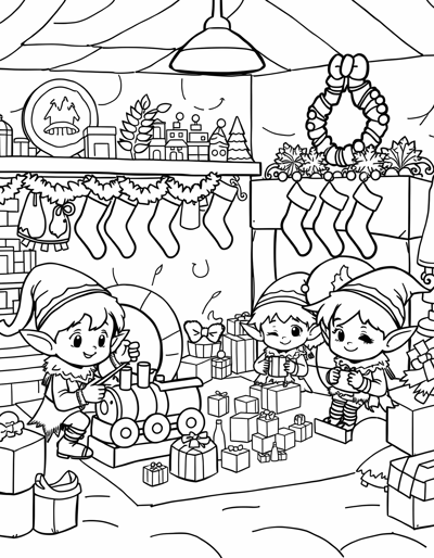 Chibistyle Christmas Elves Working In A Toy... Coloring Page