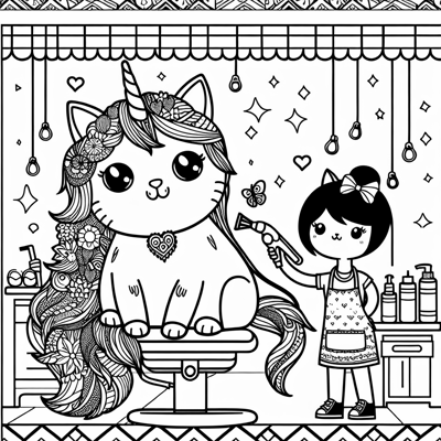 A Unicorn Cat Being Groomed By A Girl At The Salon Coloring Page
