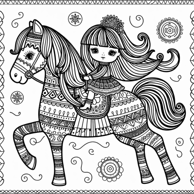 LOL OMG Doll Riding A Big Horse With A Long Mane Coloring Page