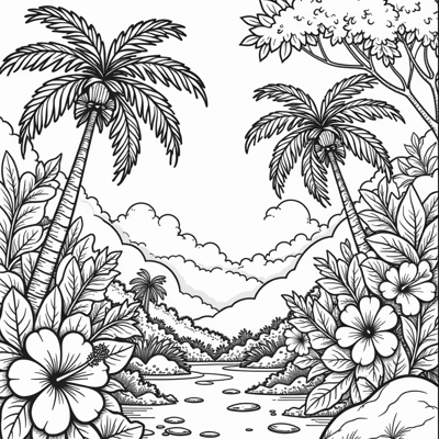 A Closeup View Of A Tropical Rainforest Showcasing... Coloring Page
