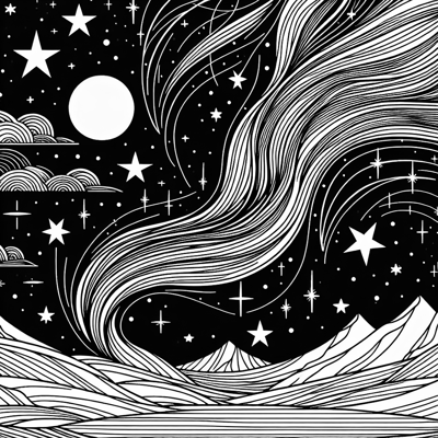 Abstract Stars And Moon With Northern Lights Coloring Page