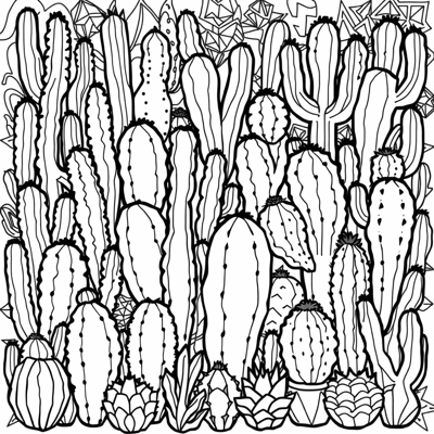 A Variety Of Cactus In A Pattern With Bold Lines Coloring Page