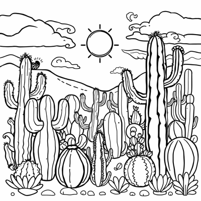 A Variety Of Cactus In A Pattern Drawn In A... Coloring Page