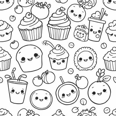 Fun Kawaii Food Pattern With Bold Lines Coloring Page