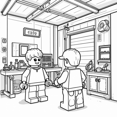 LEGO Mechanic Garage With People Coloring Page