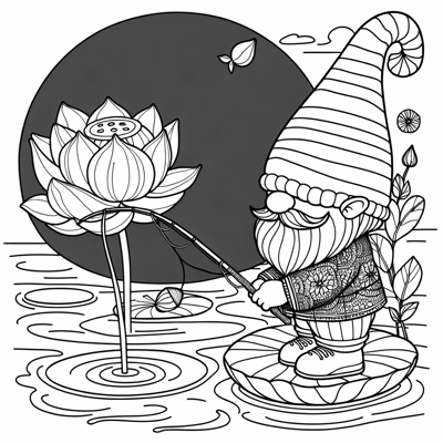 A Garden Gnome Fishing On A Lotus Leaf Coloring Page