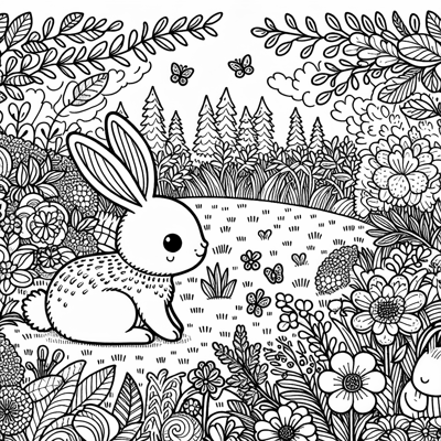 A Bunny In A Meadow With Flowers And Other Furry... Coloring Page
