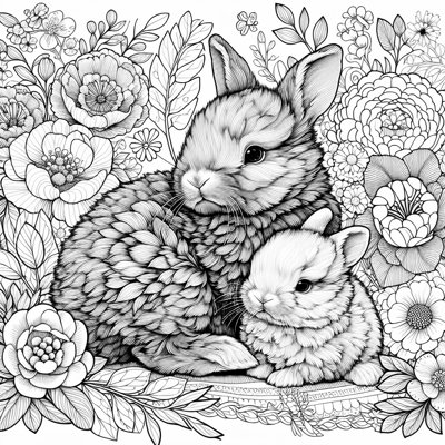 Baby Bunny Snuggling Momma On A Bed Of Flowers Coloring Page