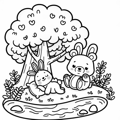 Baby Bear And Baby Bunny Sleeping Near A Creek... Coloring Page