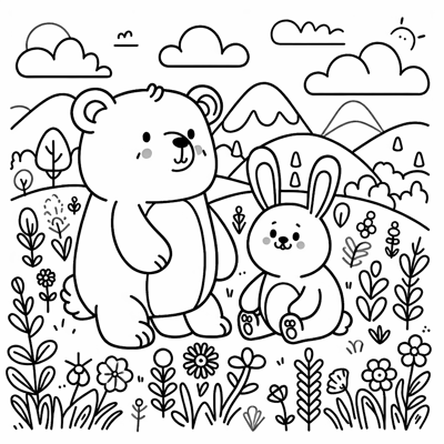 Baby Bear And Baby Bunny Playing In A Meadow Of... Coloring Page