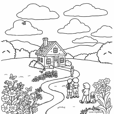 Exterior Of House Grass Field Flower In The Garden... Coloring Page