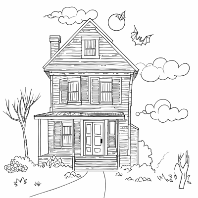 A House With A Purple Sky A Moon A Bat A Tree A... Coloring Page
