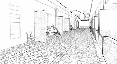 The Image Features A Long Narrow Walkway Between... Coloring Page